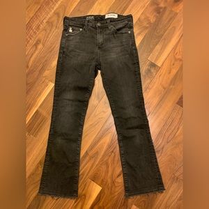 Grey  AG jeans, size 25, ankle length, frayed hems, mid-rise, stretchy